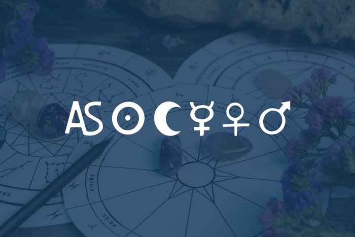 Horoskope und Zeichnungen des Tierkreises sowie die Symbole für den Aszendenten und die persönlichen Planeten