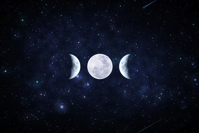 Nachthimmel mit zunehmendem Mond, Vollmond und abnehmendem Mond